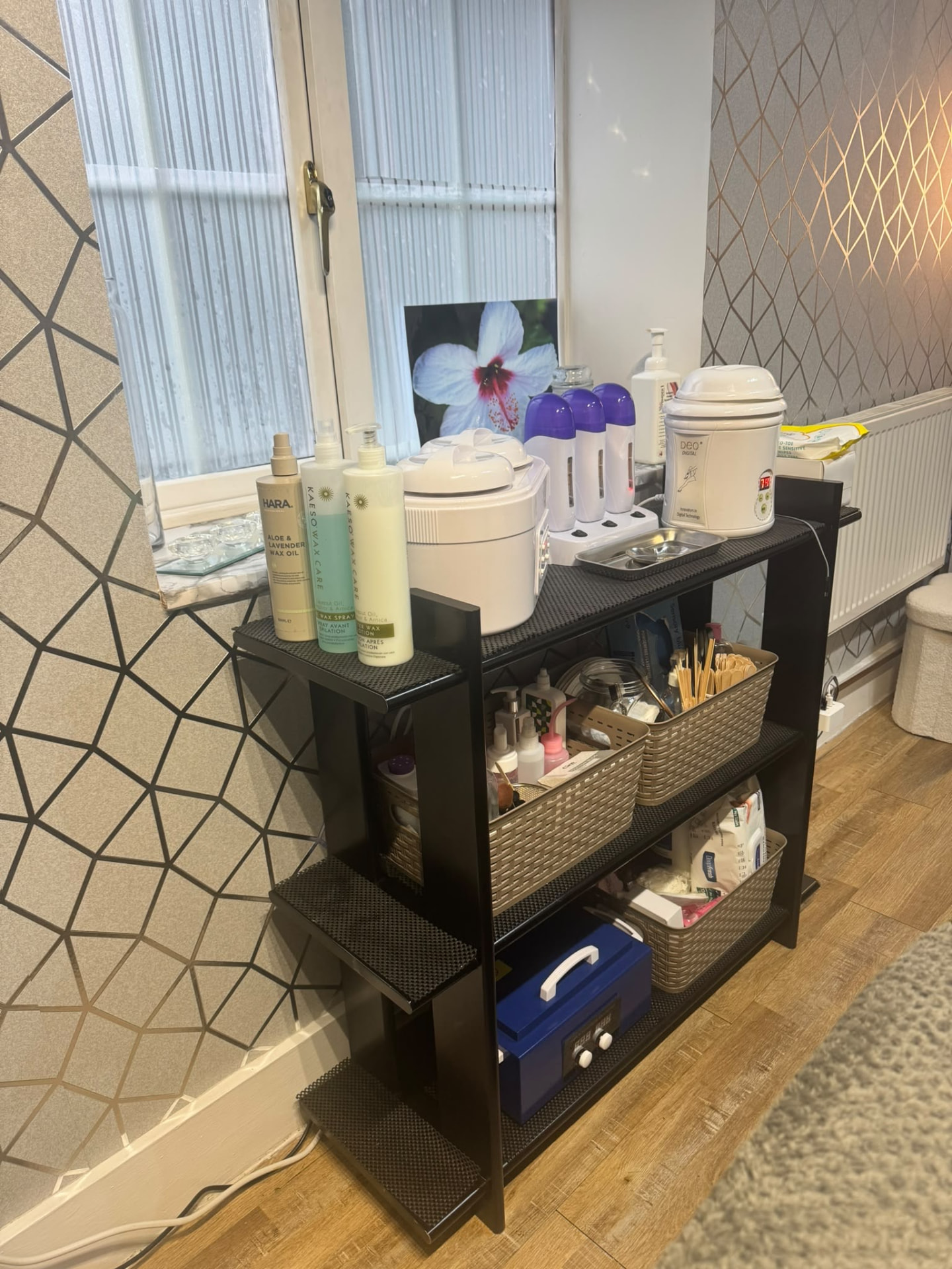 Wax heaters and skincare products by the window