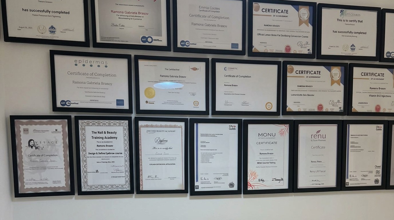 Professional training certificates displayed at Hibiscus Beauty